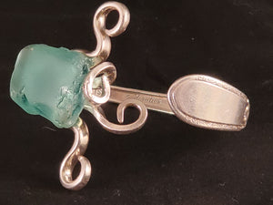 Whimsical Fork Cuff Bracelet - Teal Lake Erie Beach Glass