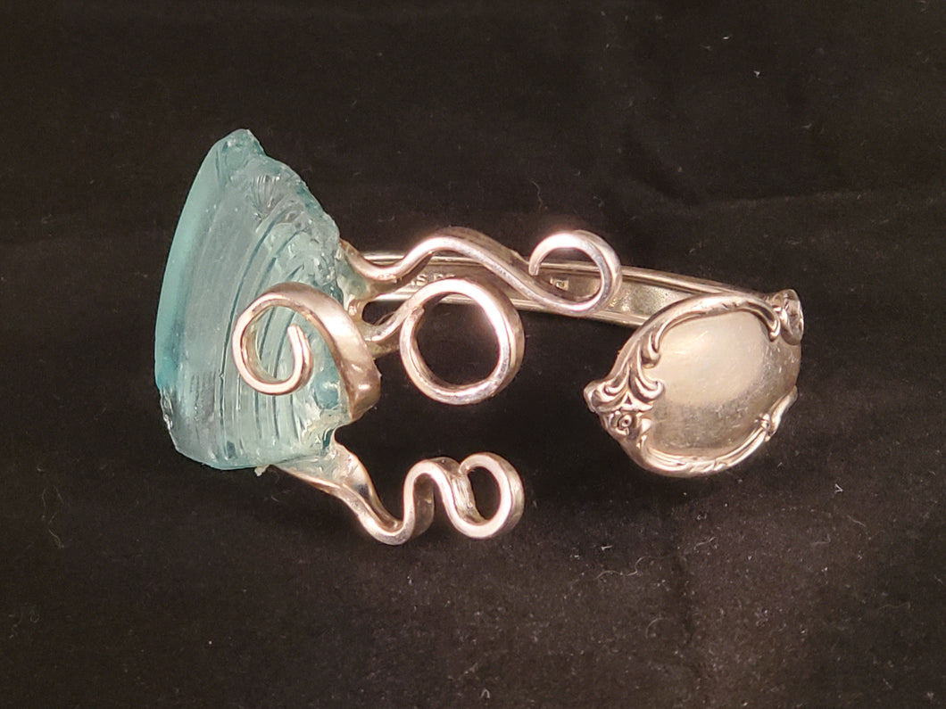 Whimsical Fork Cuff Bracelet - Aqua/Teal Lake Erie Beach Glass