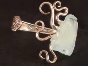 Whimsical Fork Cuff Bracelet - Aqua Lake Erie Beach Glass