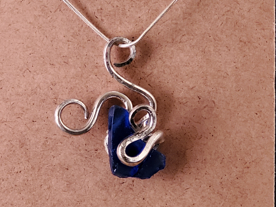 Whimsical Fork Pendant with Cobalt Blue Lake Erie Beach Glass