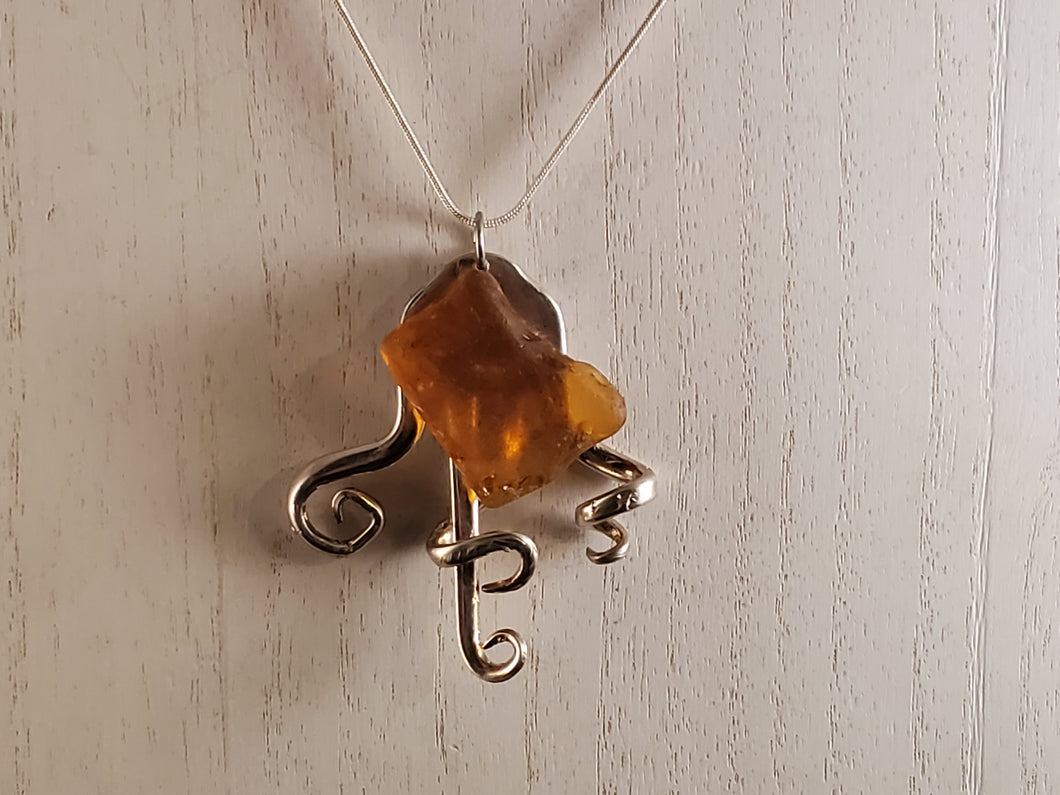 Whimsical Fork Pendant with Brown/Amber Lake Erie Beach Glass