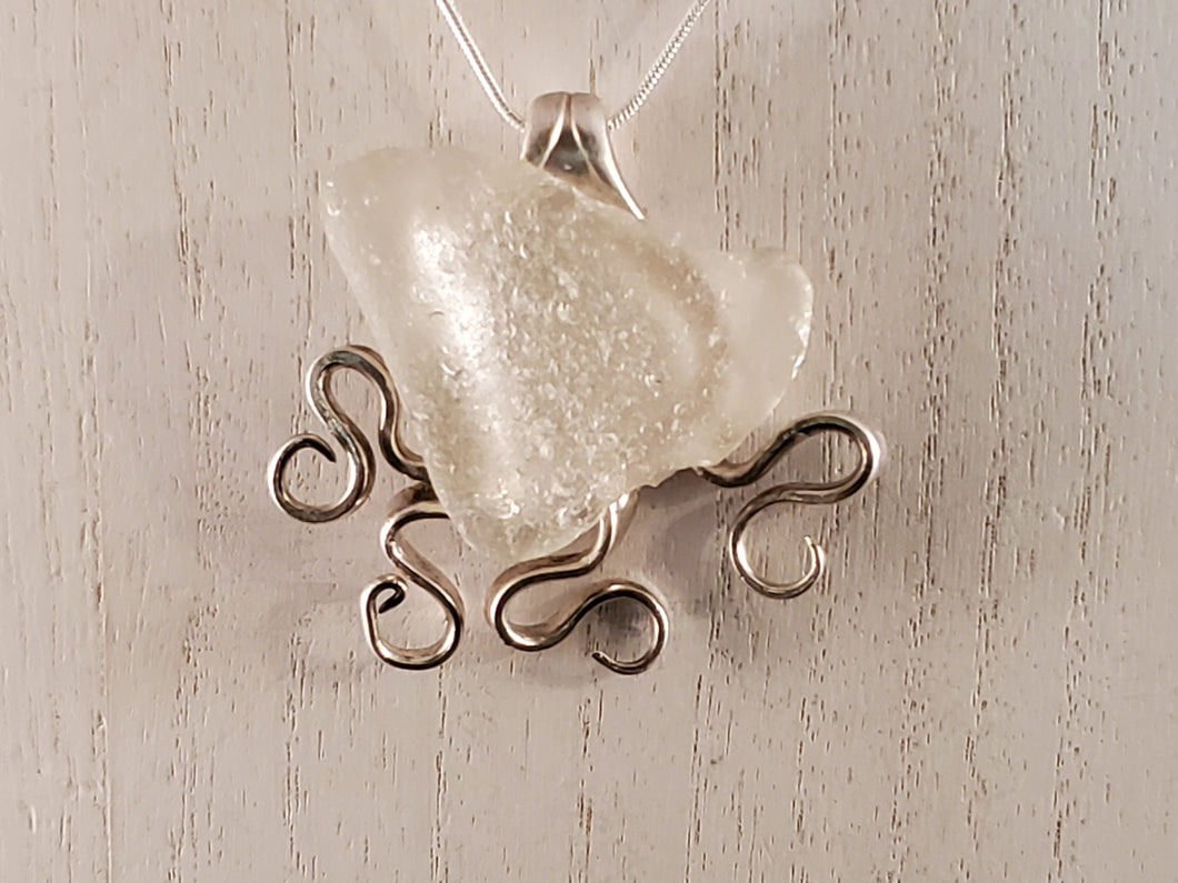 Whimsical Fork Pendant with White/Clear Lake Erie Beach Glass